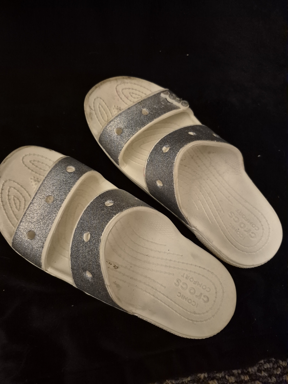 CROCS Women's Glitter Dual-Strap Slides in Silver and Cream